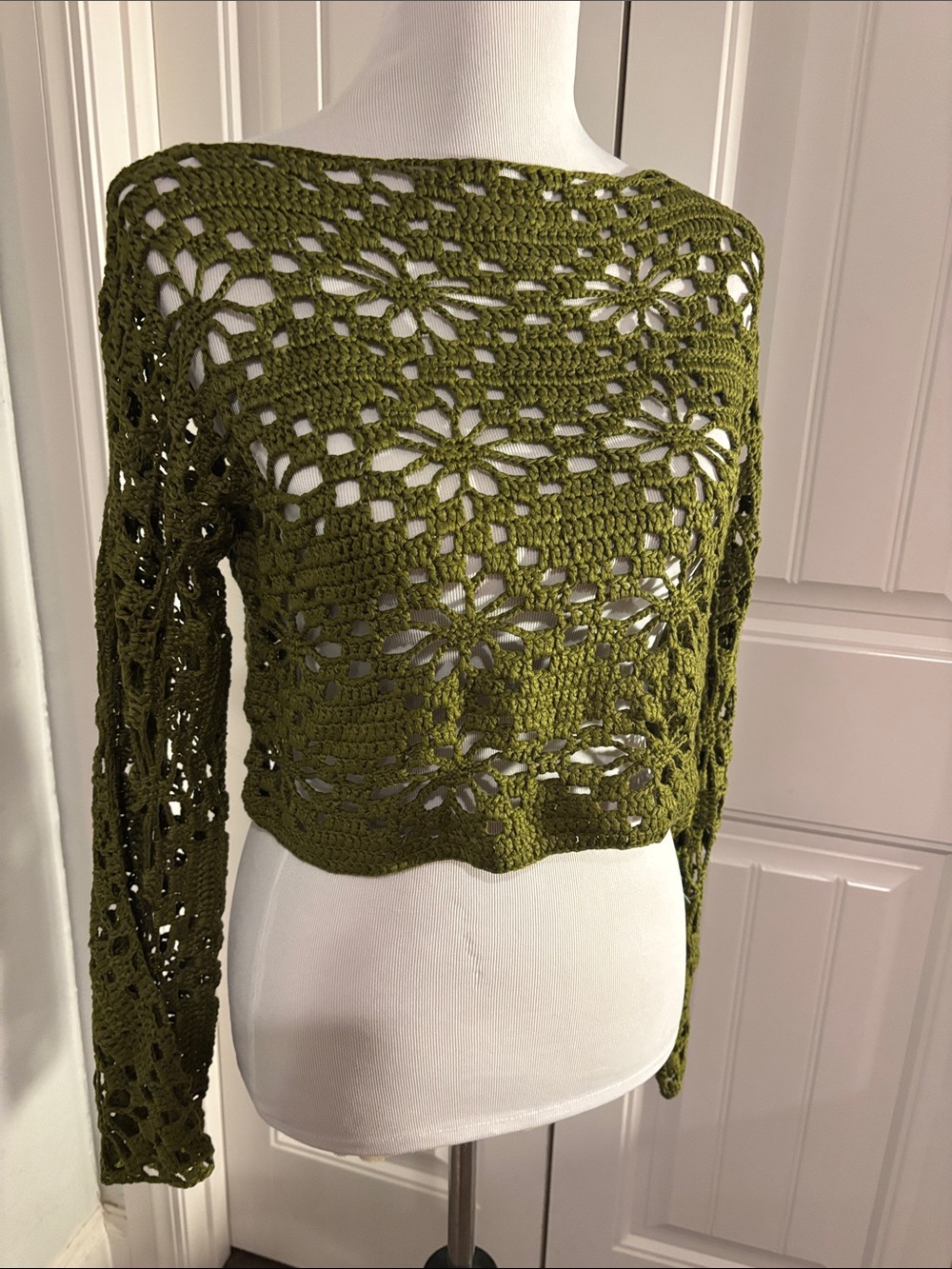 SHEIN Olive Crochet Openwork Scoop Neck Sweater